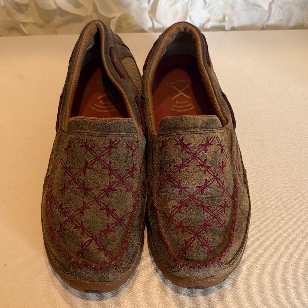 Twisted X Olive Suede Slip-On Loafers with Burgundy Stitching